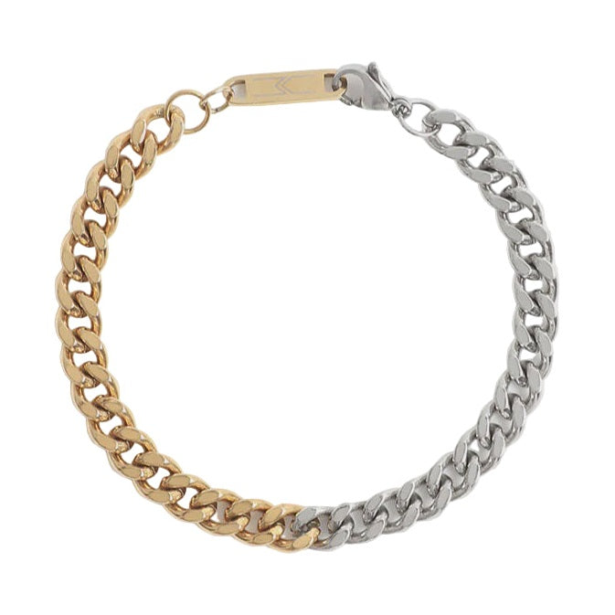 Stainless steel mixed-metal curb chain bracelet featuring a split gold and silver finish with an engraved rectangular logo plate and a lobster claw clasp on a white background