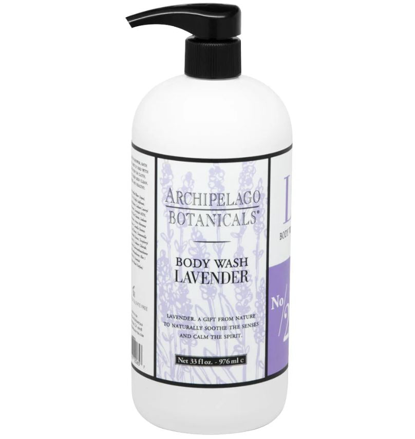 Studio product photography of Archipelago Botanicals Lavender Body Wash on a white background featuring a sleek black pump dispenser, delicate purple lavender sprig illustrations, and the signature No 2 collection label