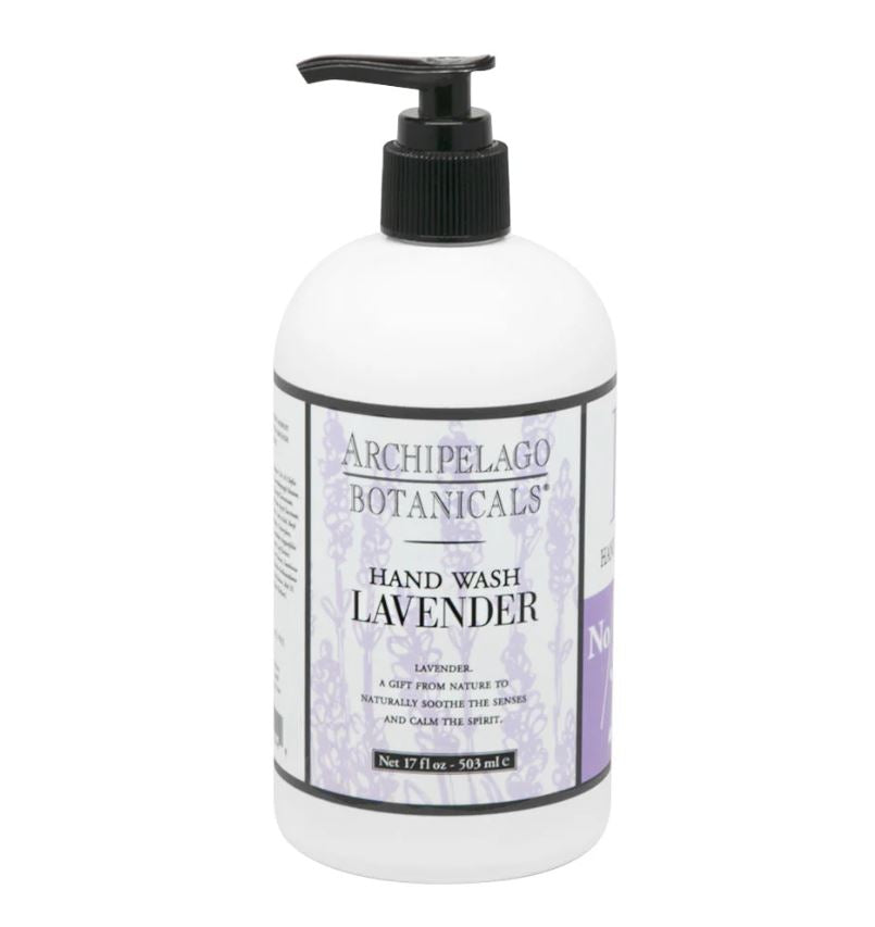 Product photograph by Archipelago Botanicals of a lavender hand wash bottle against a white background featuring a black pump dispenser and a label with delicate purple floral illustrations and bold serif text