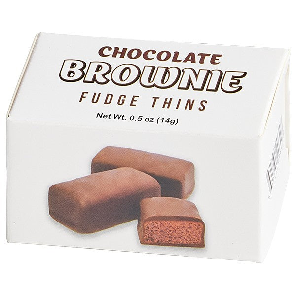 Product photograph of a white rectangular box for Chocolate Brownie Fudge Thins on a white background featuring bold brown typography and an illustration of three chocolate-covered brownies with one halved to show a light brown textured interior and a partial barcode on the side