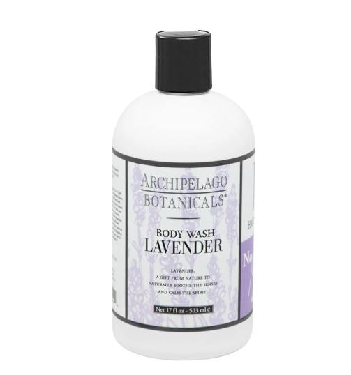 Product photograph of Archipelago Botanicals Lavender Body Wash featuring a white seventeen ounce bottle with a black flip-top cap and delicate light purple floral illustrations on a plain white background