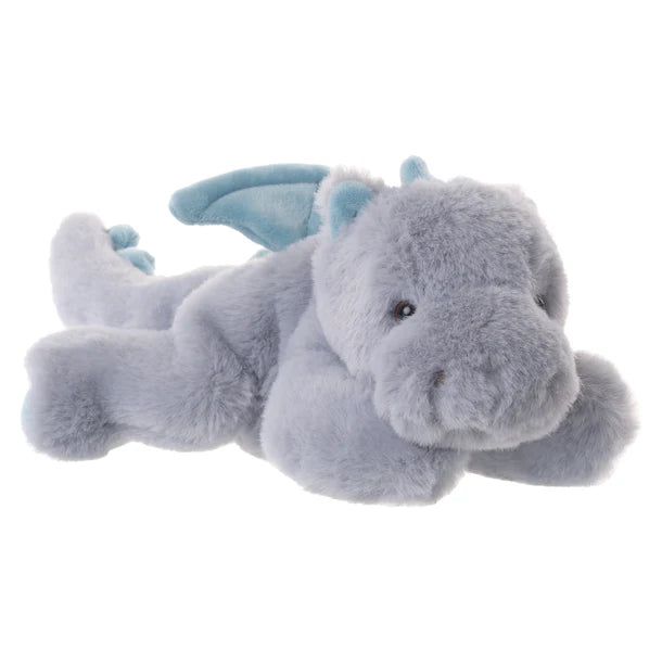 Plush toy by Jellycat featuring a Sky Dragon lying on a white background with shaggy light grey fur, soft blue velvet-like wings and a ridged tail