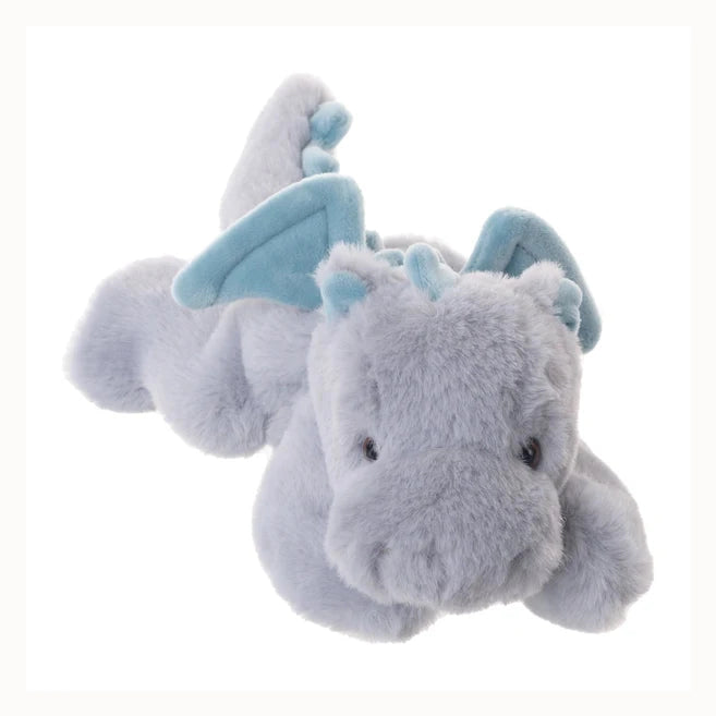 Plush toy by Jellycat of a soft pale blue dragon lying on a white background featuring contrasting teal wings and a spiky ridged spine