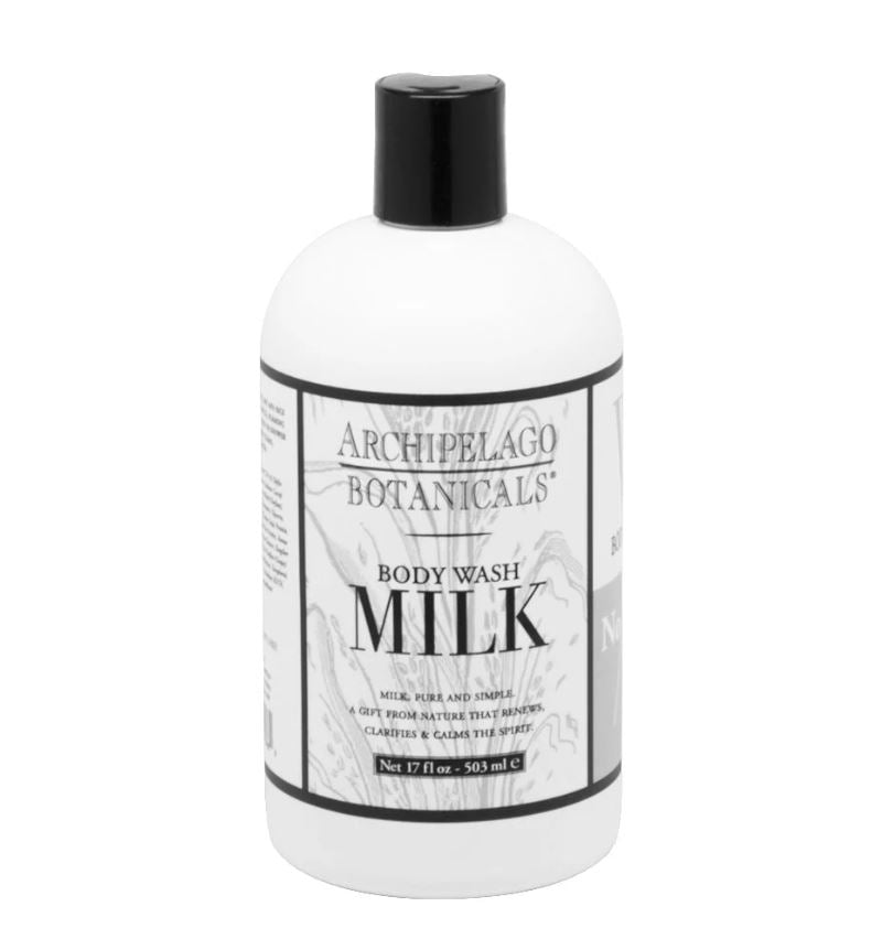 Studio photograph by Archipelago Botanicals of a Milk Body Wash bottle on a white background featuring a sleek black screw cap, prominent serif MILK typography, and an intricate monochrome swirling label design
