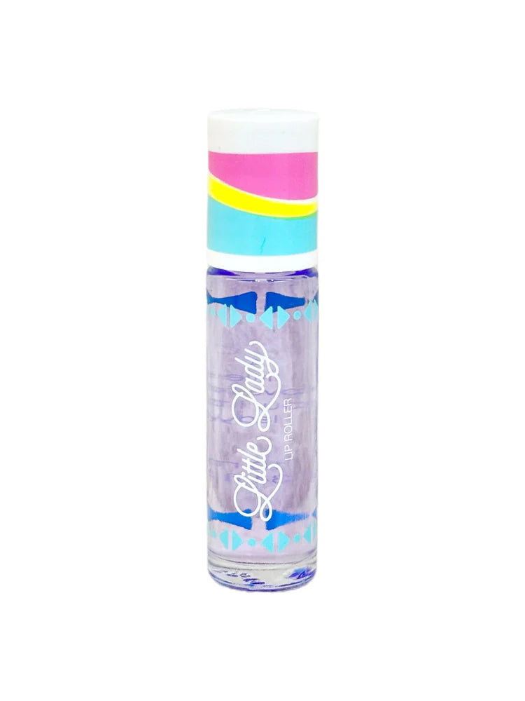 Product photograph of a Little Lady Lip Roller tube centered on a white background, featuring the white cursive brand logo, lavender-tinted gloss, and a cap with vibrant pink, yellow, and light blue stripes