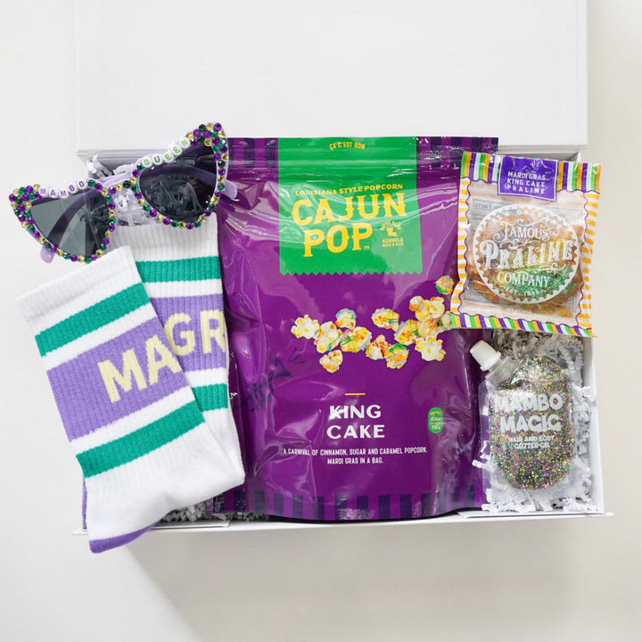 Packaged snacks with a purple bag labeled &