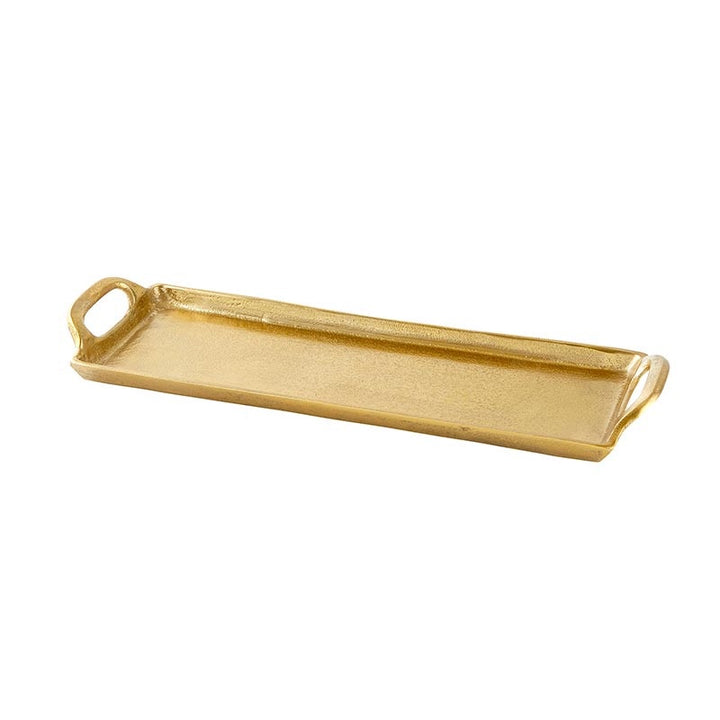Cast metal rectangular serving tray with a textured gold finish and two integrated curved handles at the sides displayed against a minimalist white background