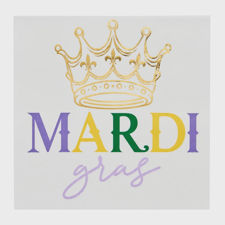 Graphic illustration of a New Orleans Mardi Gras theme featuring a gold foil crown with fleur-de-lis motifs above multicolored block lettering and a lavender cursive script