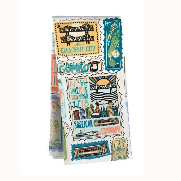 Graphic illustration of New Orleans, Louisiana, featuring the Crescent City Connection bridge, the Superdome, and St. Louis Cathedral alongside colorful vignettes of a vintage streetcar, a steaming pot of gumbo, and the holy trinity of vegetables