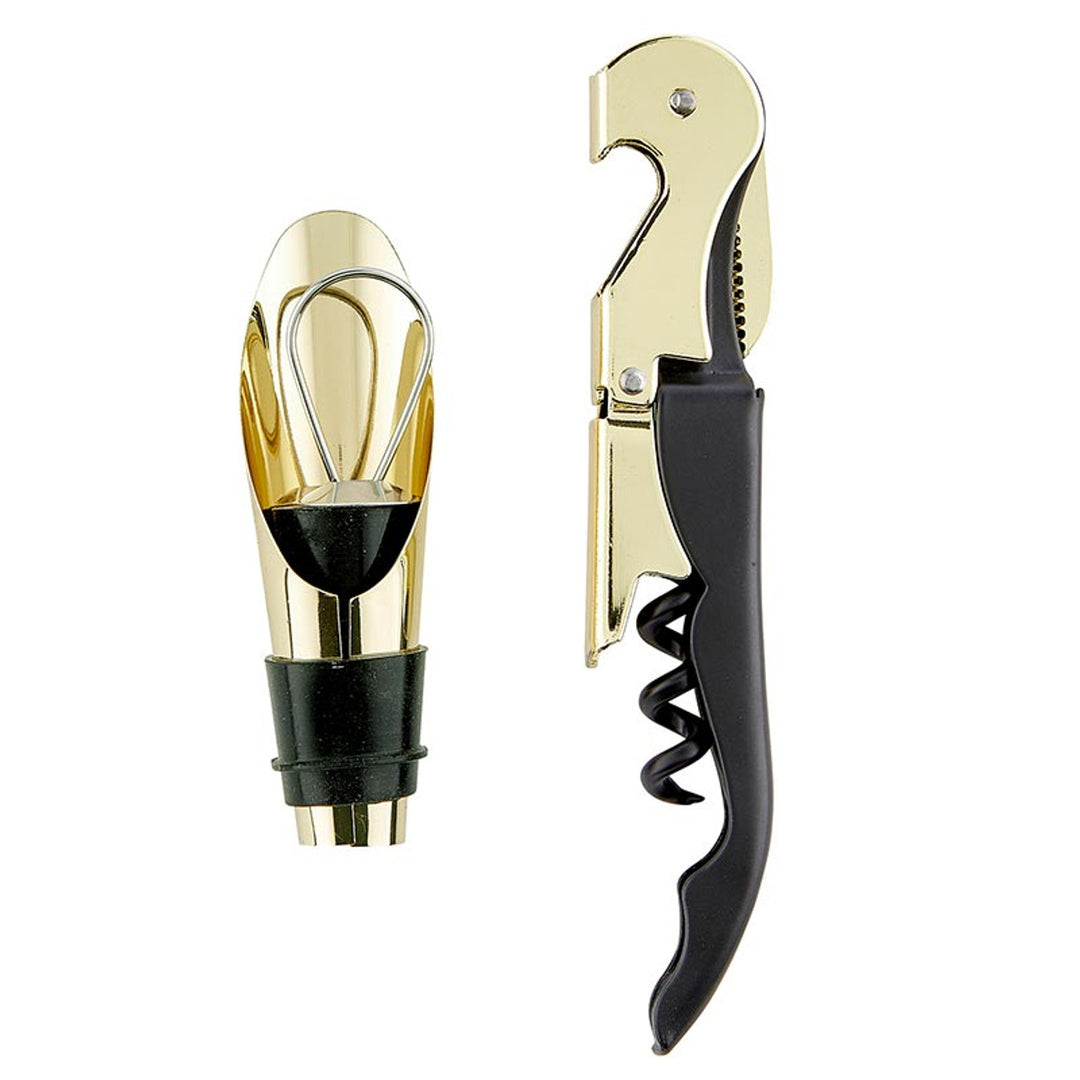 Product photograph of a gold and black wine accessory set on a white studio background featuring a double-hinged waiter’s corkscrew and a pourer with a polished gold-tone finish, a matte black handle, and a spiraled steel worm