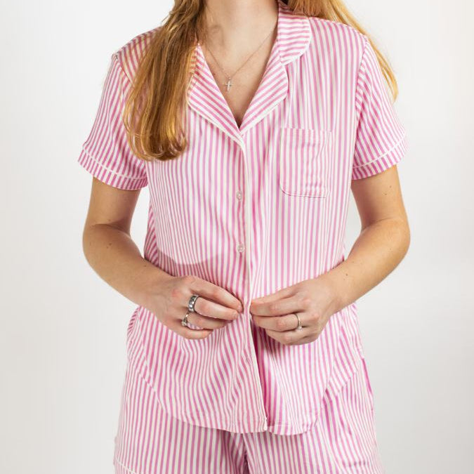 Pink and White Pinstripe Short Sleeve Button Up Sleep Shirt