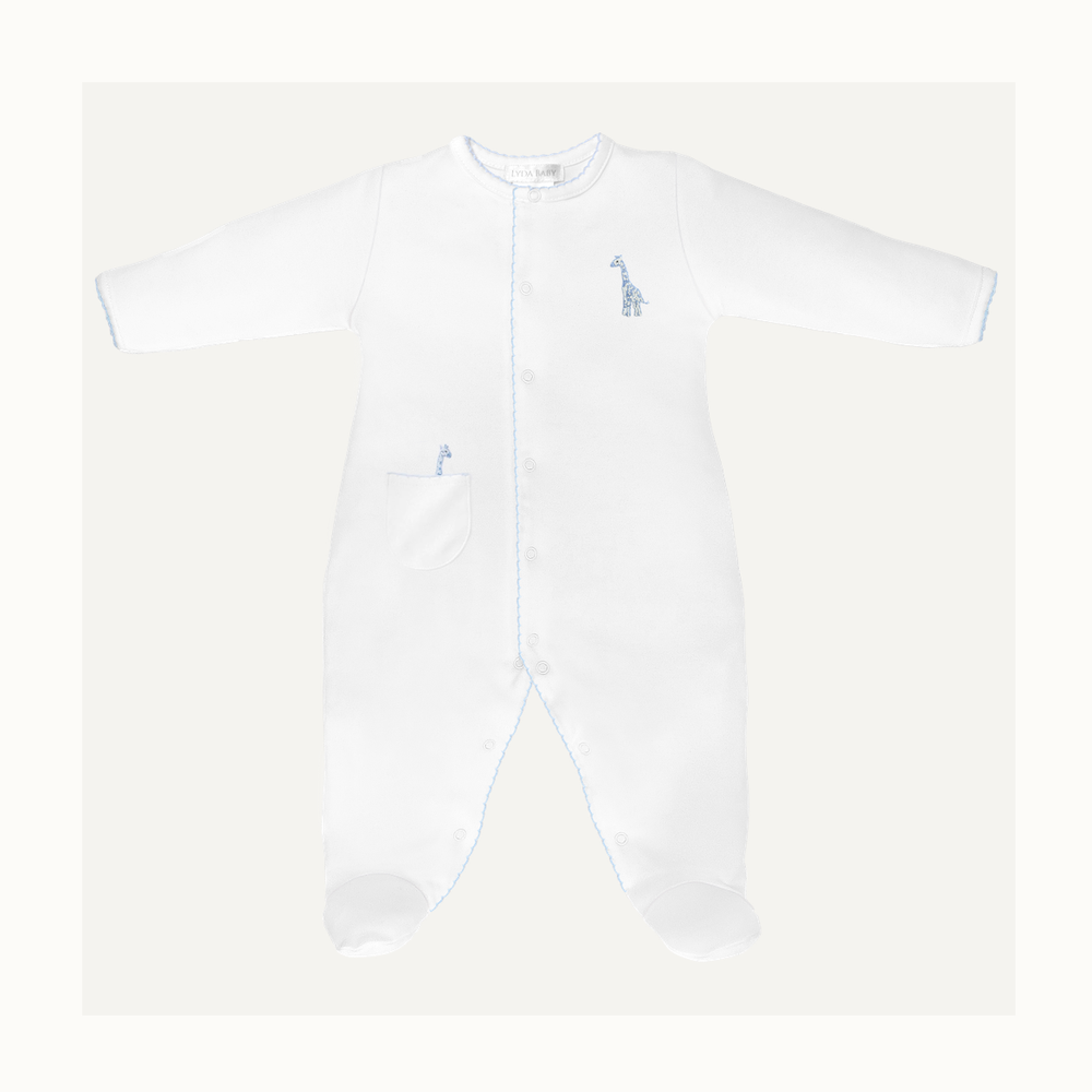 Pima cotton baby footie by Lyda Baby featuring a white long-sleeve infant sleeper with light blue giraffe embroidery on the chest and pocket, accented by delicate blue scalloped trim and a snap-up front