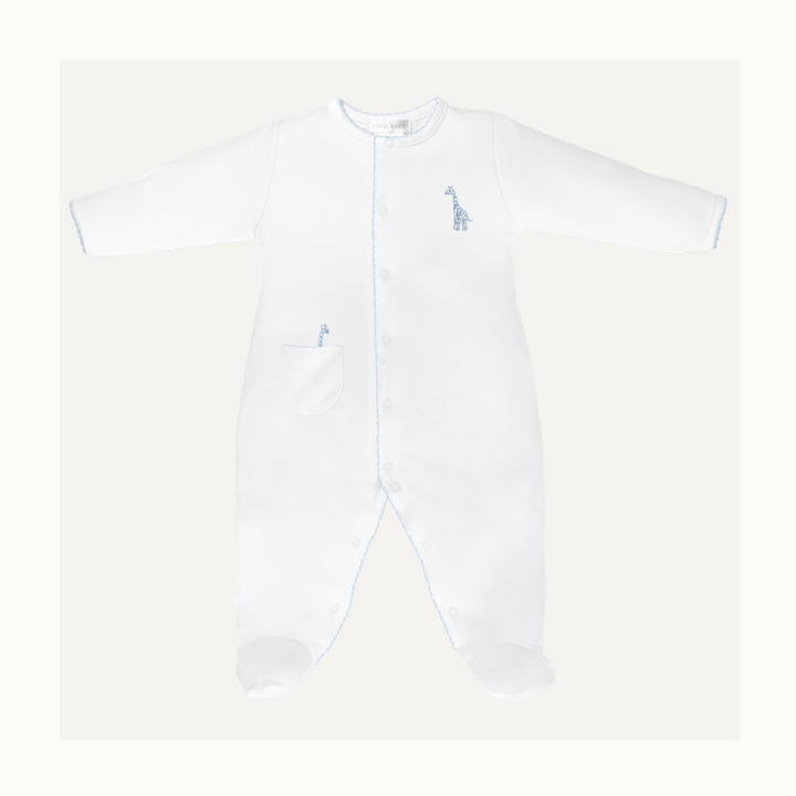Pima cotton baby footie by Lyda Baby featuring a white long-sleeve infant sleeper with light blue giraffe embroidery on the chest and pocket, accented by delicate blue scalloped trim and a snap-up front