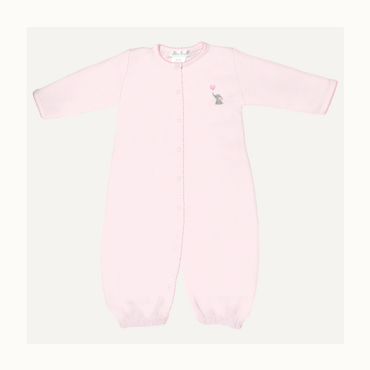 Pima cotton baby sleeper by Lyda Baby featuring a light pink long-sleeved design with an embroidered gray elephant holding a pink heart-shaped balloon and delicate scalloped trim along the snap-down front