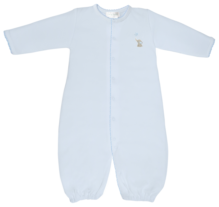 Pima cotton baby sleeper by Lyda Baby showcasing a light blue long-sleeve footie on a white background with a snap-up front, scalloped picot trim, and a small embroidered elephant holding a star