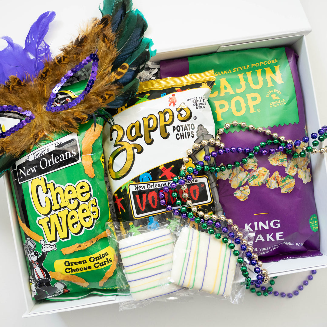 Digital photograph of a New Orleans Mardi Gras gift box featuring Zapp&