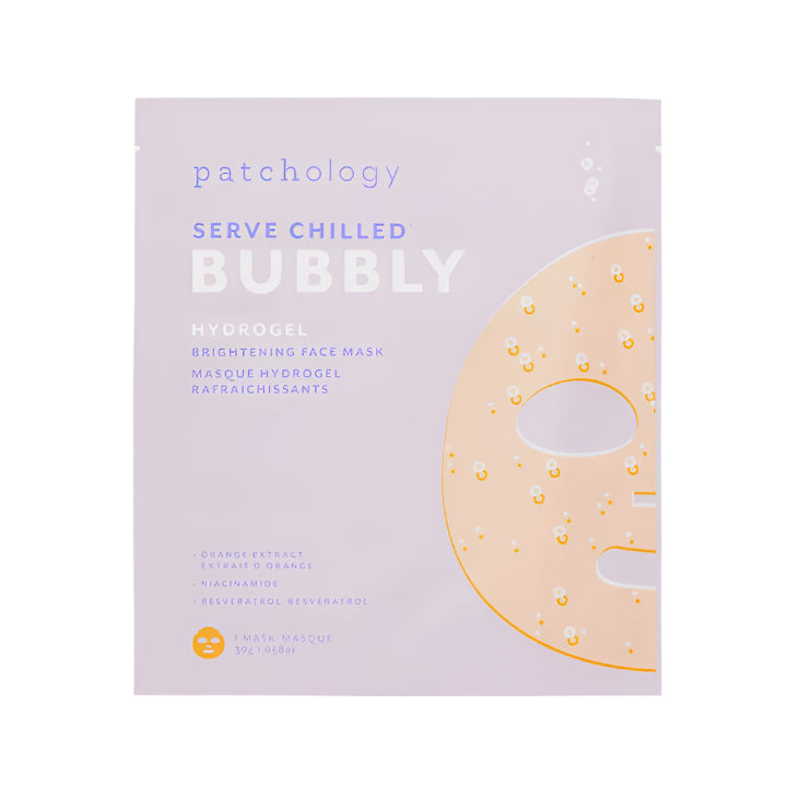 Product photography by Patchology for the Serve Chilled Bubbly Hydrogel Brightening Face Mask packaging in light purple featuring a peach-colored mask illustration with orange bubble accents and white typography
