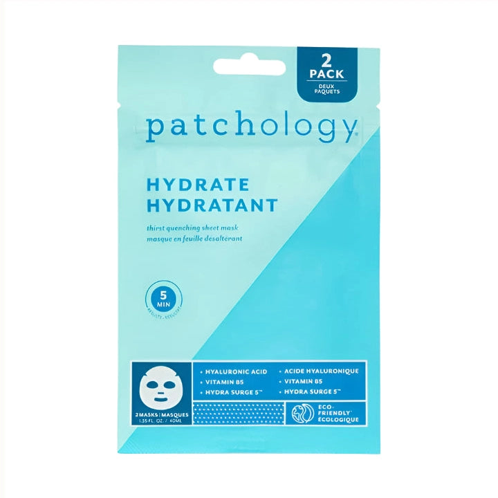 Product photography of a teal Patchology Hydrate sheet mask 2-pack featuring a circular 5-minute treatment icon and a minimalist white face mask graphic highlighting hyaluronic acid and vitamin B5 ingredients
