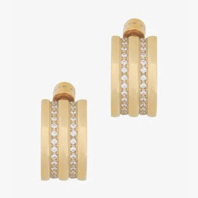 18k yellow gold and diamond earrings by Marina B featuring a wide triple-ribbed design with two vertical rows of brilliant pavé-set diamonds against a plain white background