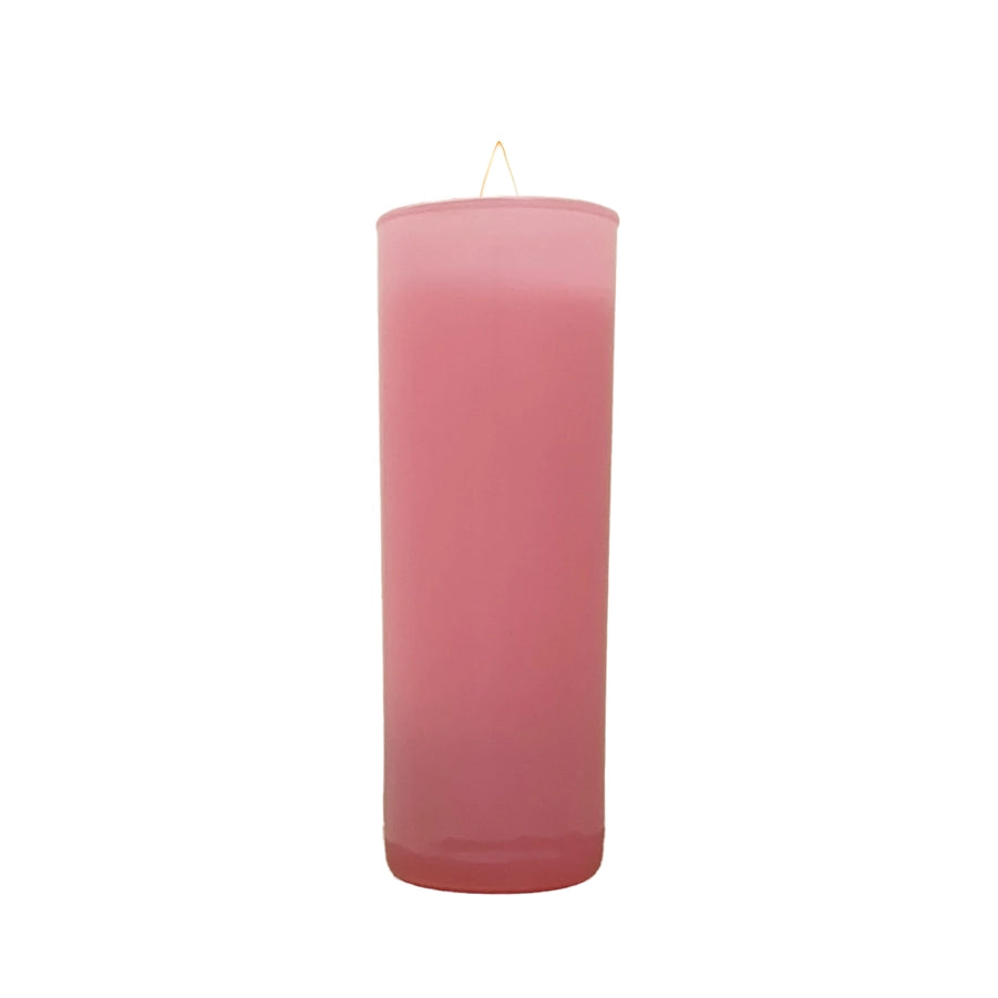 Paraffin wax candle in glass of a tall pink sanctuary candle centered against a white background with a smooth cylindrical form and a single slender wick visible at the top