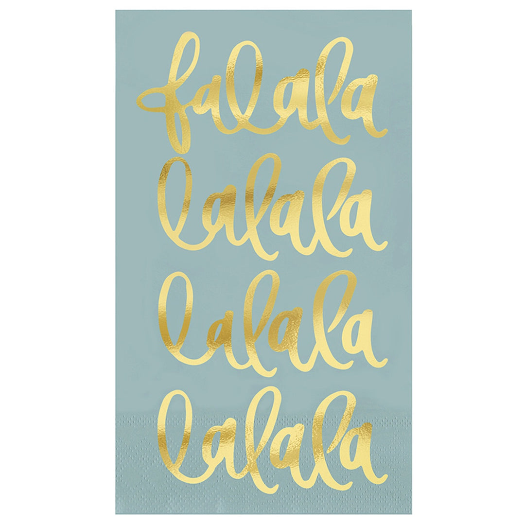 Paper guest towel featuring metallic gold foil cursive lettering of the holiday phrase falala lalala repeated vertically on a dusty blue background with a subtle embossed paper texture