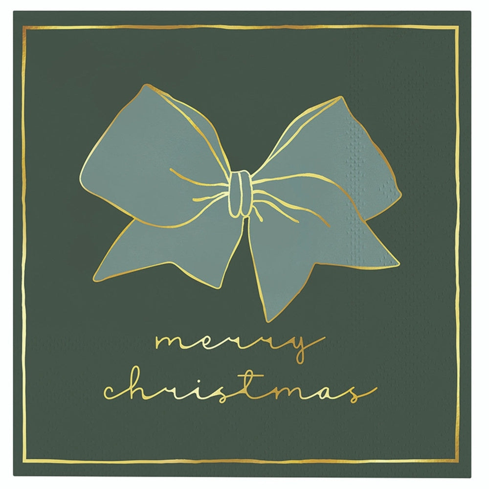 Digital illustration of a festive holiday card design featuring a large teal bow with shimmering gold outlines positioned above elegant cursive merry christmas text on a dark forest green background framed by a thin gold border