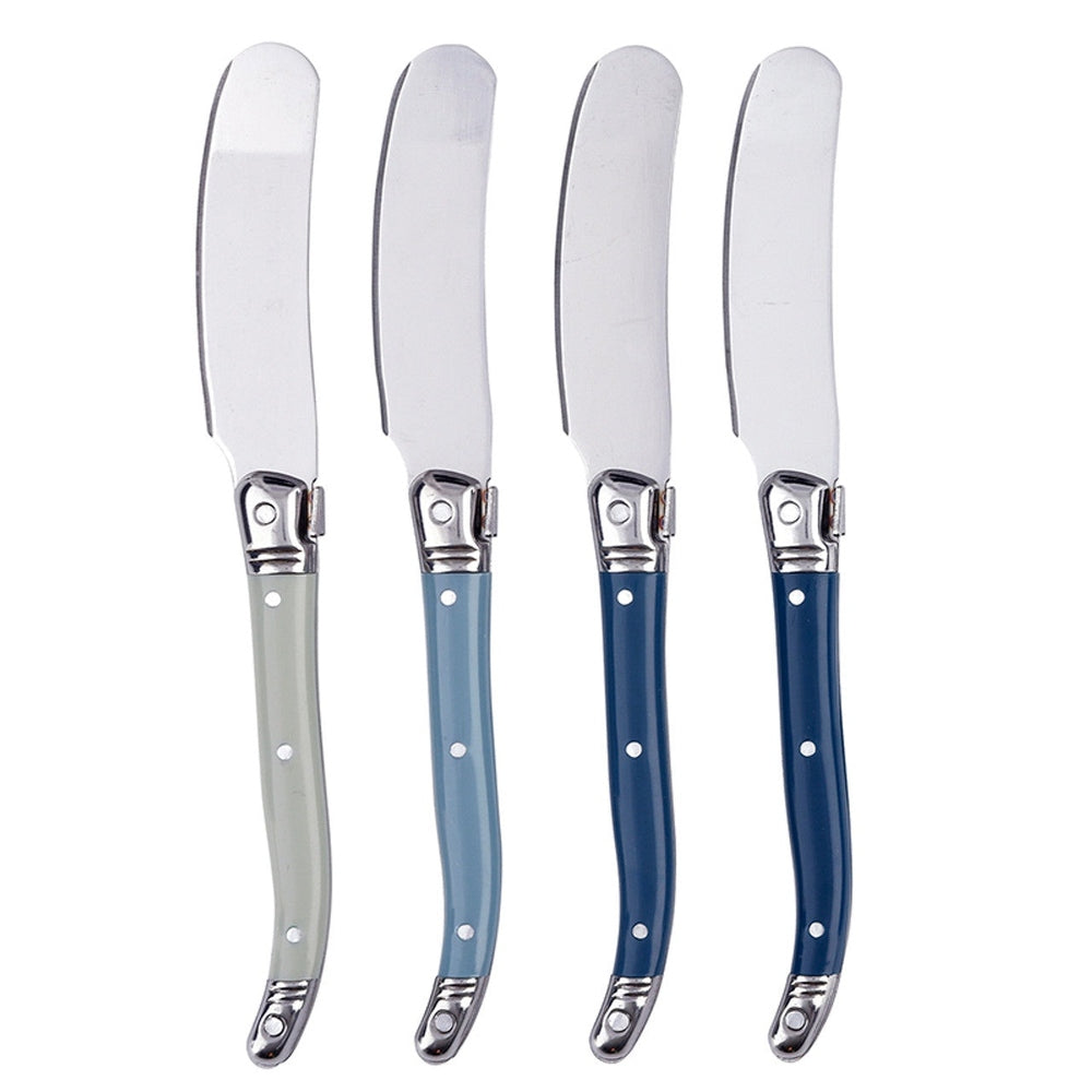 Stainless steel and resin Laguiole butter knives by Jean Dubost displayed on a white background featuring the iconic bee emblem on the bolster, curved handles in a gradient of blue and grey shades, and polished rounded spreader blades