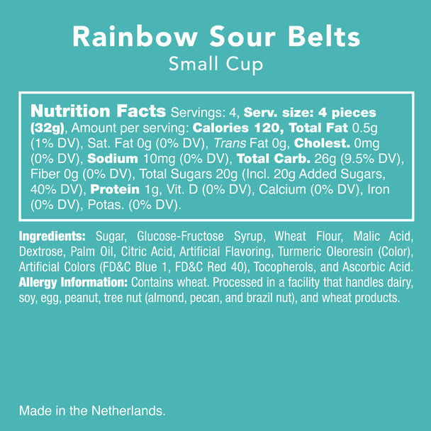 Digital graphic product label for Rainbow Sour Belts Small Cup from the Netherlands featuring a prominent white nutrition facts box on a vibrant teal background with clear typography detailing 120 calories and ingredient listings
