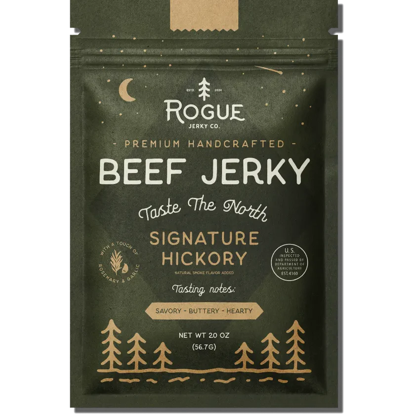 Digital graphic design of a Rogue Jerky Co. Signature Hickory Beef Jerky pouch in dark forest green featuring a crescent moon, a row of minimalist pine trees, and a small rosemary sprig emblem with tan typography