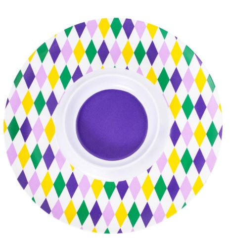 Ceramic decorative charger plate featuring a festive Mardi Gras harlequin pattern of purple, green, and gold diamonds surrounding a solid purple circular center on a plain white background