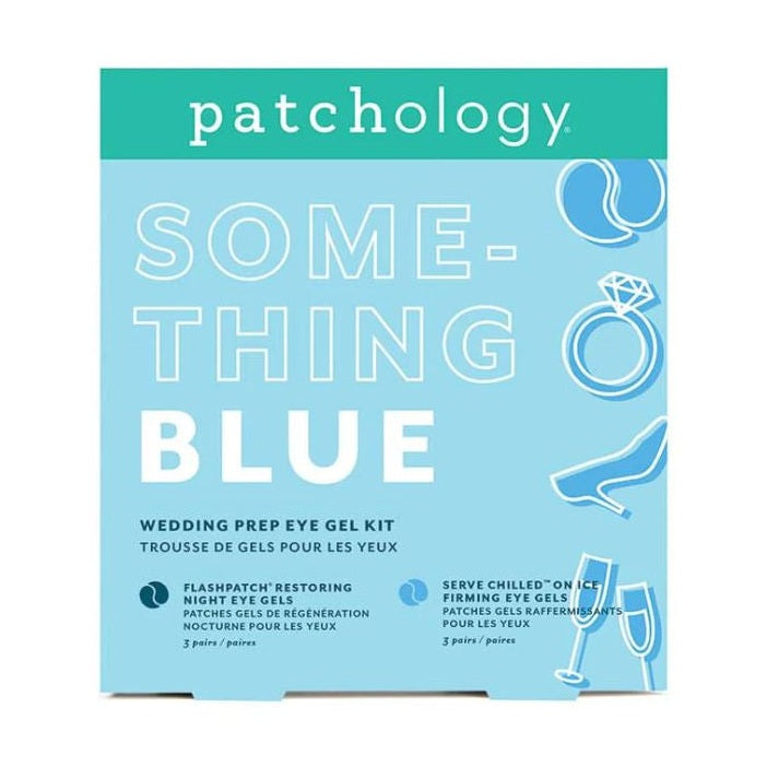 Digital packaging design by Patchology for the Something Blue Wedding Prep Eye Gel Kit featuring a light blue background with white typography and line art illustrations of a diamond engagement ring, high-heeled shoe, and champagne flutes