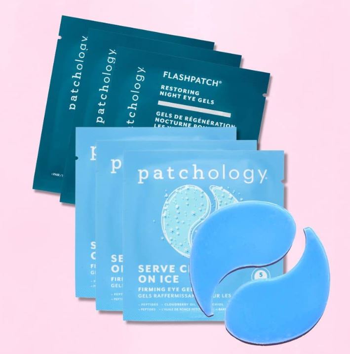 Digital product photography for Patchology featuring FlashPatch and Serve Chilled On Ice packaging on a pink background with two vibrant blue crescent-shaped gel patches layered over teal and sky blue sachets