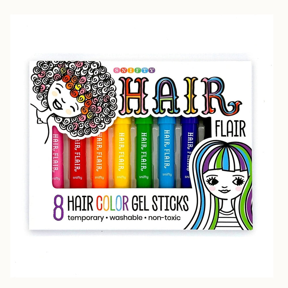 Commercial graphic design by Snifty for 8 Hair Flair Hair Color Gel Sticks on a white background featuring a rainbow spectrum of colors visible through a window and whimsical illustrations of girls with colorful hair and decorative typography