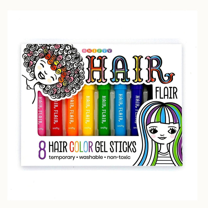 Commercial graphic design by Snifty for 8 Hair Flair Hair Color Gel Sticks on a white background featuring a rainbow spectrum of colors visible through a window and whimsical illustrations of girls with colorful hair and decorative typography