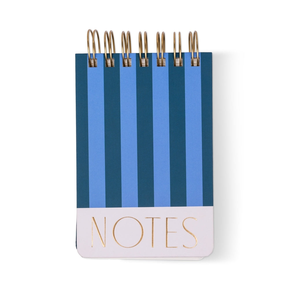Spiral-bound stationery notepad featuring alternating navy and sky blue vertical stripes, a metallic gold spiral binding, and the word NOTES in gold foil lettering on a light pink base against a white background