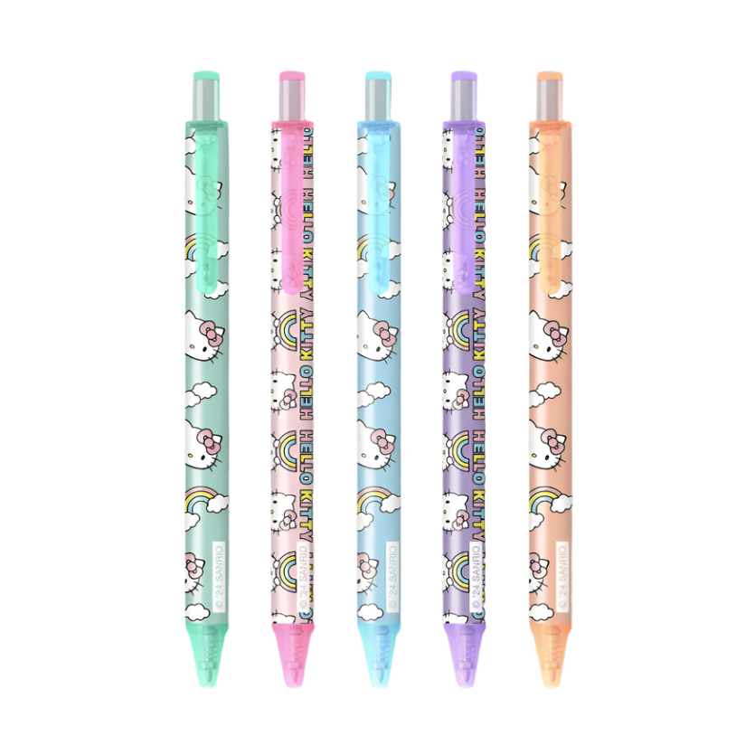 Sanrio Hello Kitty retractable pens displayed on a white background featuring the iconic character, colorful rainbows, and fluffy white clouds in pastel shades of mint green, pink, and lavender
