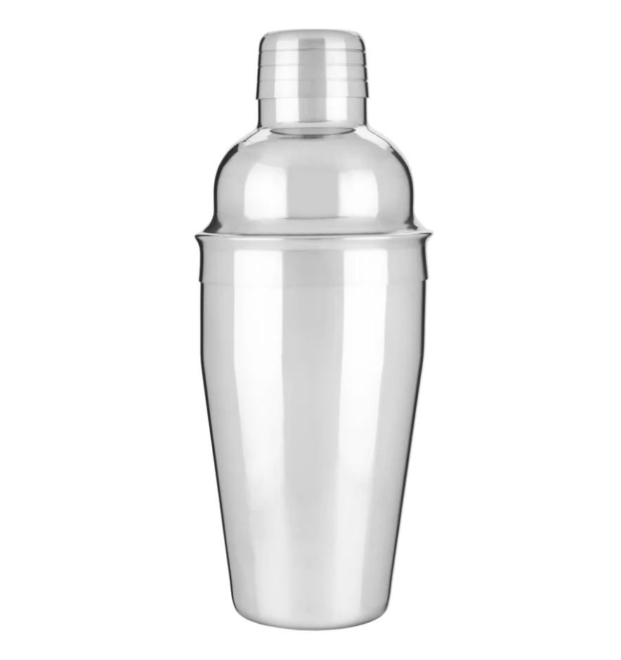 Stainless steel cobbler cocktail shaker on a white studio background featuring a mirror-polished reflective surface and a tiered cap with horizontal grooved rings