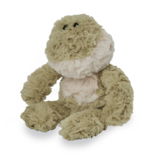 Plush toy by Jellycat of a sitting sage green frog on a white background featuring textured ruffled fur, a pale cream chest, and small black bead eyes