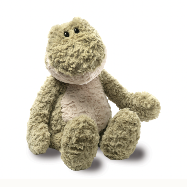 A Jellycat plush toy of a Bashful Frog sitting on a white background featuring mossy green textured fur, a cream-colored belly, and small black bead eyes