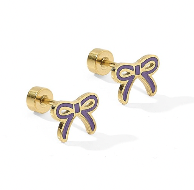 Gold-plated and purple enamel jewelry featuring a pair of bow-shaped stud earrings on a white background with vibrant purple ribbon motifs, polished gold borders, and secure screw-back posts