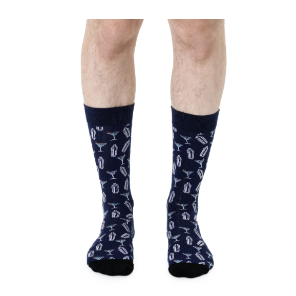 Digital photograph of navy blue crew socks worn on a person&