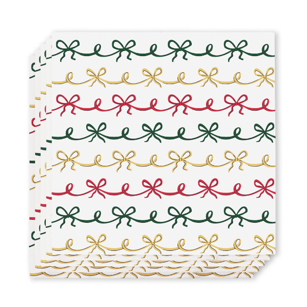 Graphic illustration on a stack of white square paper napkins featuring a repeating pattern of horizontal rows of dark green, metallic gold, and bright red hand-drawn ribbons tied into delicate decorative bows
