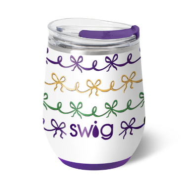 Insulated stainless steel wine tumbler by Swig Life featuring a festive Mardi Gras pattern of purple, green, and gold bows with a purple slider lid on a white background
