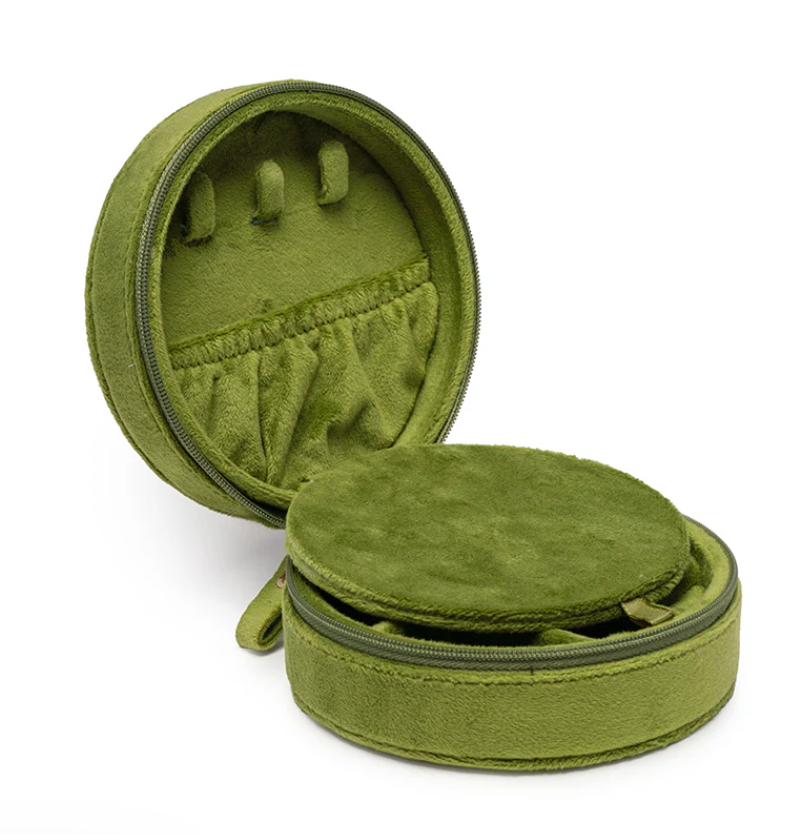 Product photograph of an open round olive green velvet jewelry travel case featuring an elasticated ruffle pocket, three necklace tabs, and a removable padded divider against a plain white background