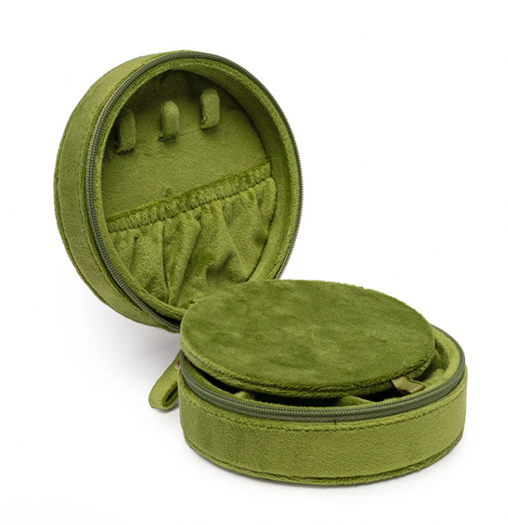 Product photograph of an open round olive green velvet jewelry travel case featuring an elasticated ruffle pocket, three necklace tabs, and a removable padded divider against a plain white background