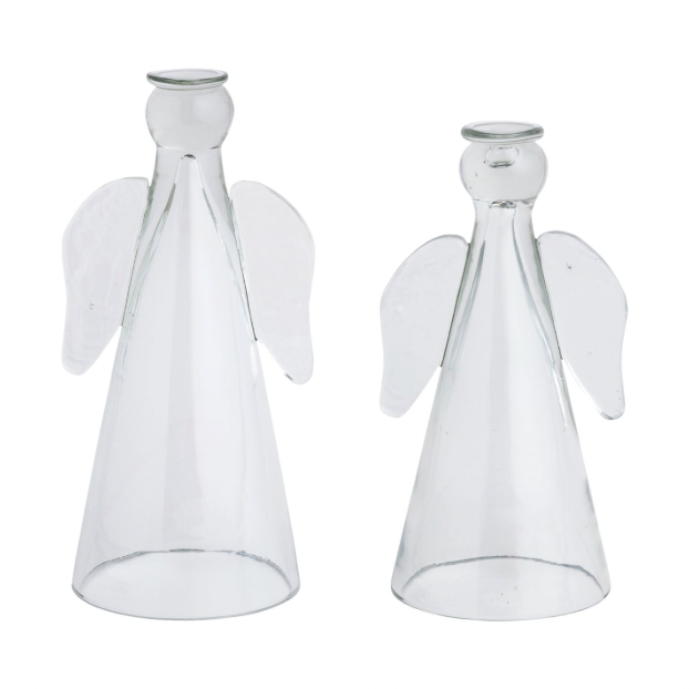 Hand-blown clear glass angel figurines featuring sleek conical bodies, rounded heads with rimmed openings, and attached translucent wings against a minimalist white background