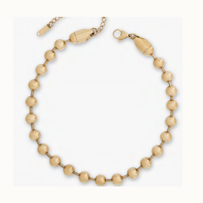 Gold-plated brass necklace by Mers featuring polished spherical beads joined by bar-link connectors and a lobster clasp with a brand-marked extension tag on a white background