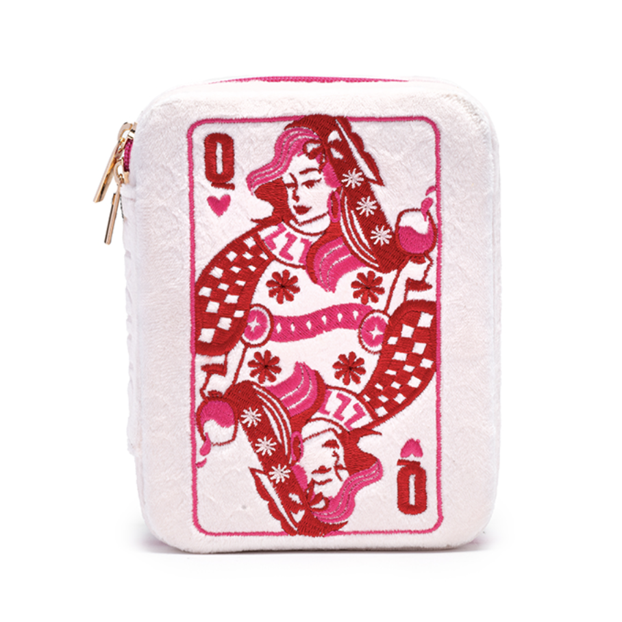 Embroidered white plush pouch featuring a stylized Queen of Hearts playing card design in red and pink thread with checkerboard patterns and a gold zipper pull