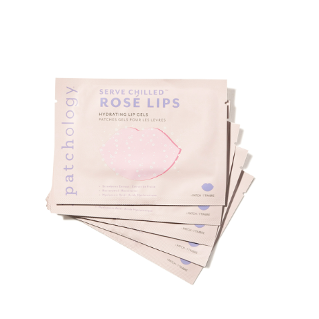 Product photograph by Patchology of five Serve Chilled Rosé Lips Hydrating Lip Gels sachets fanned out on a white background featuring light pink packaging with a large glittery lip graphic and bold purple typography