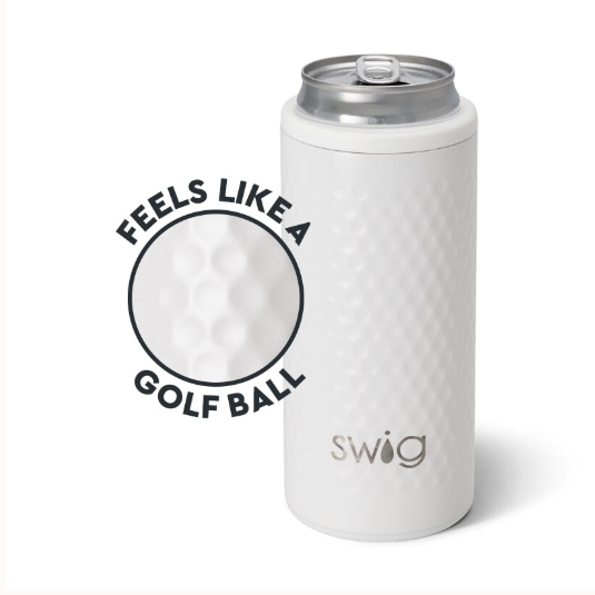 Product photograph by Swig Life of a matte white slim can cooler on a plain background featuring a unique dimpled golf ball texture, the Swig brand logo, and a callout graphic that says Feels Like a Golf Ball